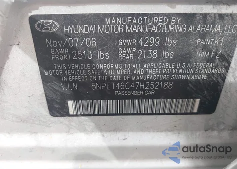 2007 Hyundai Sonata Gls z USA, uszkodzony, nr VIN 5NPET46C47H252188